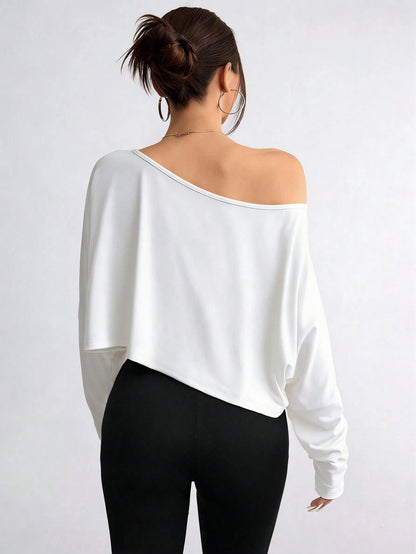 Elenzga Plus Size Women's Asymmetric Collar Long Sleeve Cropped Casual T-Shirt, Solid Color, Autumn Fall