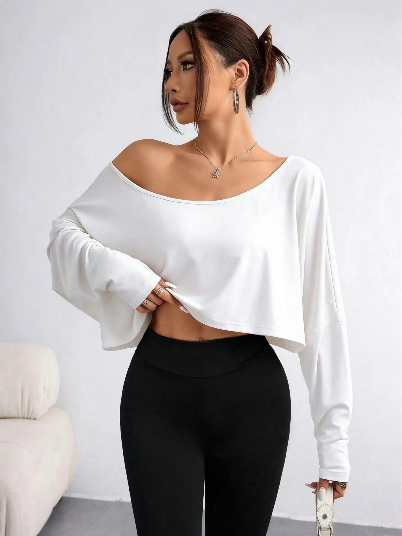 Elenzga Plus Size Women's Asymmetric Collar Long Sleeve Cropped Casual T-Shirt, Solid Color, Autumn Fall