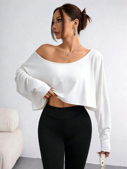 Elenzga Plus Size Women's Asymmetric Collar Long Sleeve Cropped Casual T-Shirt, Solid Color, Autumn Fall