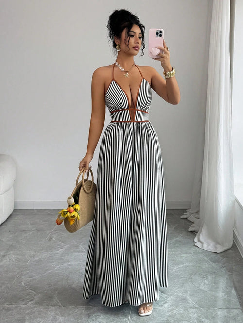 Elenzga Striped Print Contrast Trim Halter Backless Sleeveless Dress
