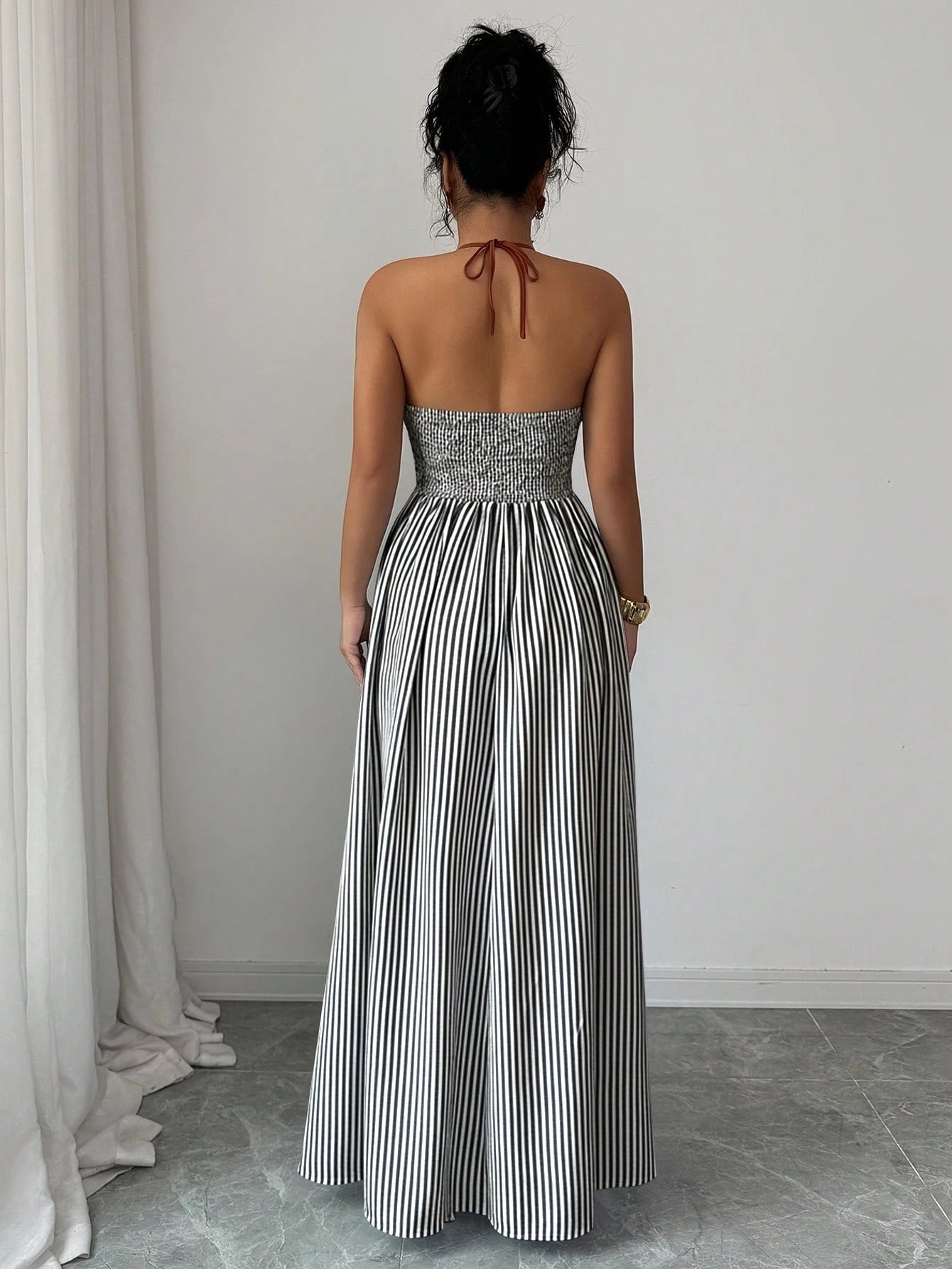 Elenzga Striped Print Contrast Trim Halter Backless Sleeveless Dress
