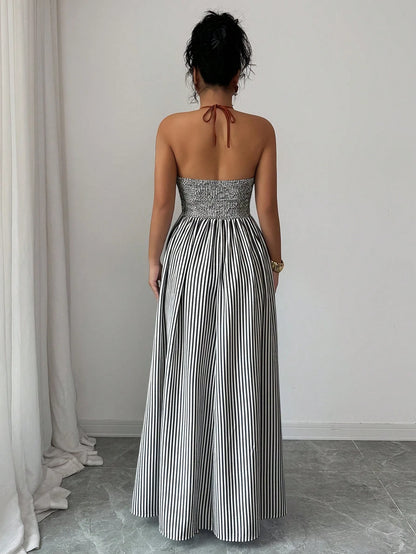 Elenzga Striped Print Contrast Trim Halter Backless Sleeveless Dress