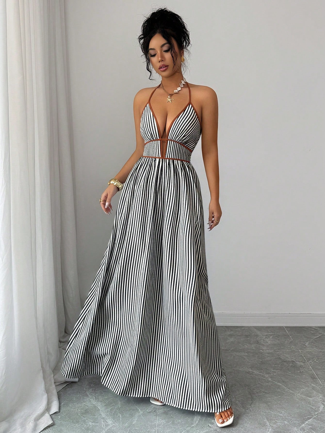 Elenzga Striped Print Contrast Trim Halter Backless Sleeveless Dress