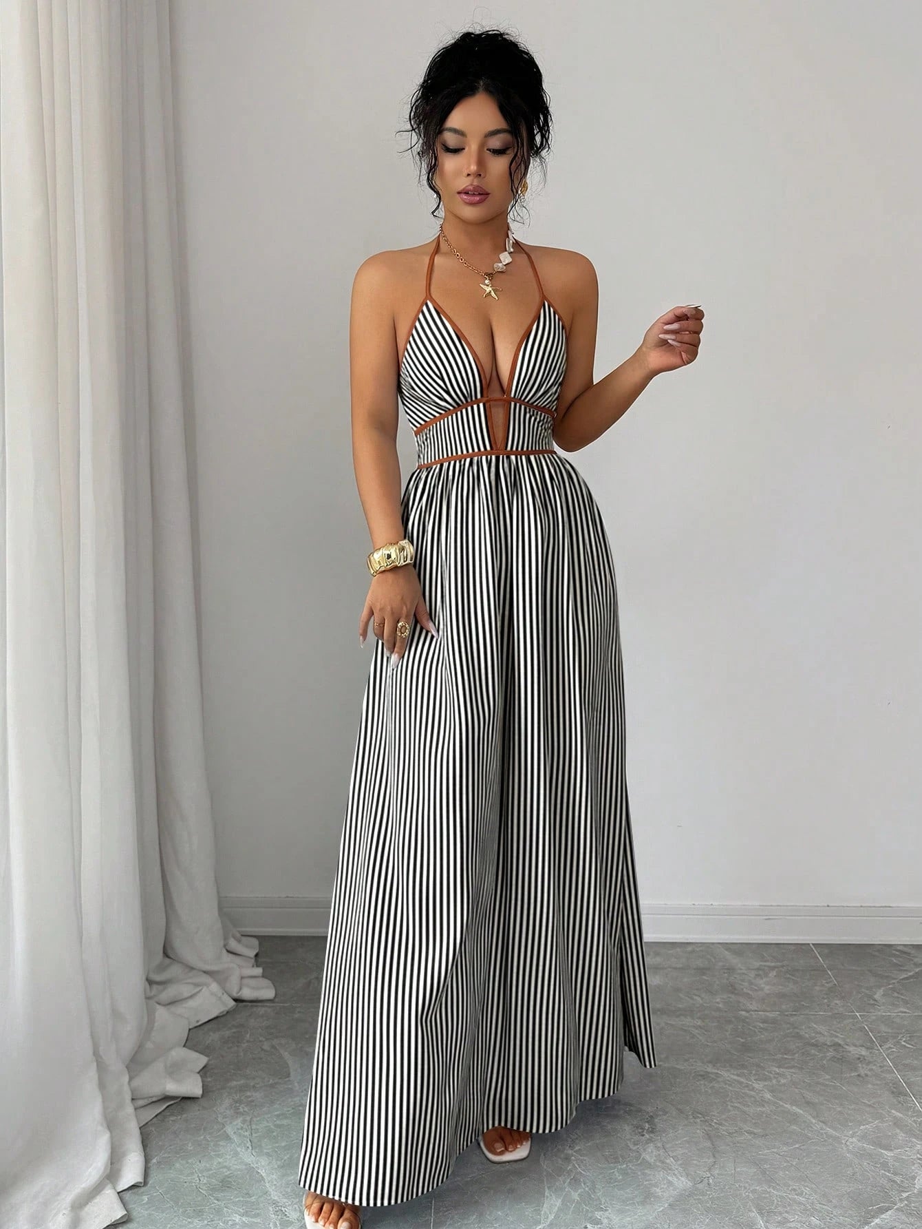 Elenzga Striped Print Contrast Trim Halter Backless Sleeveless Dress