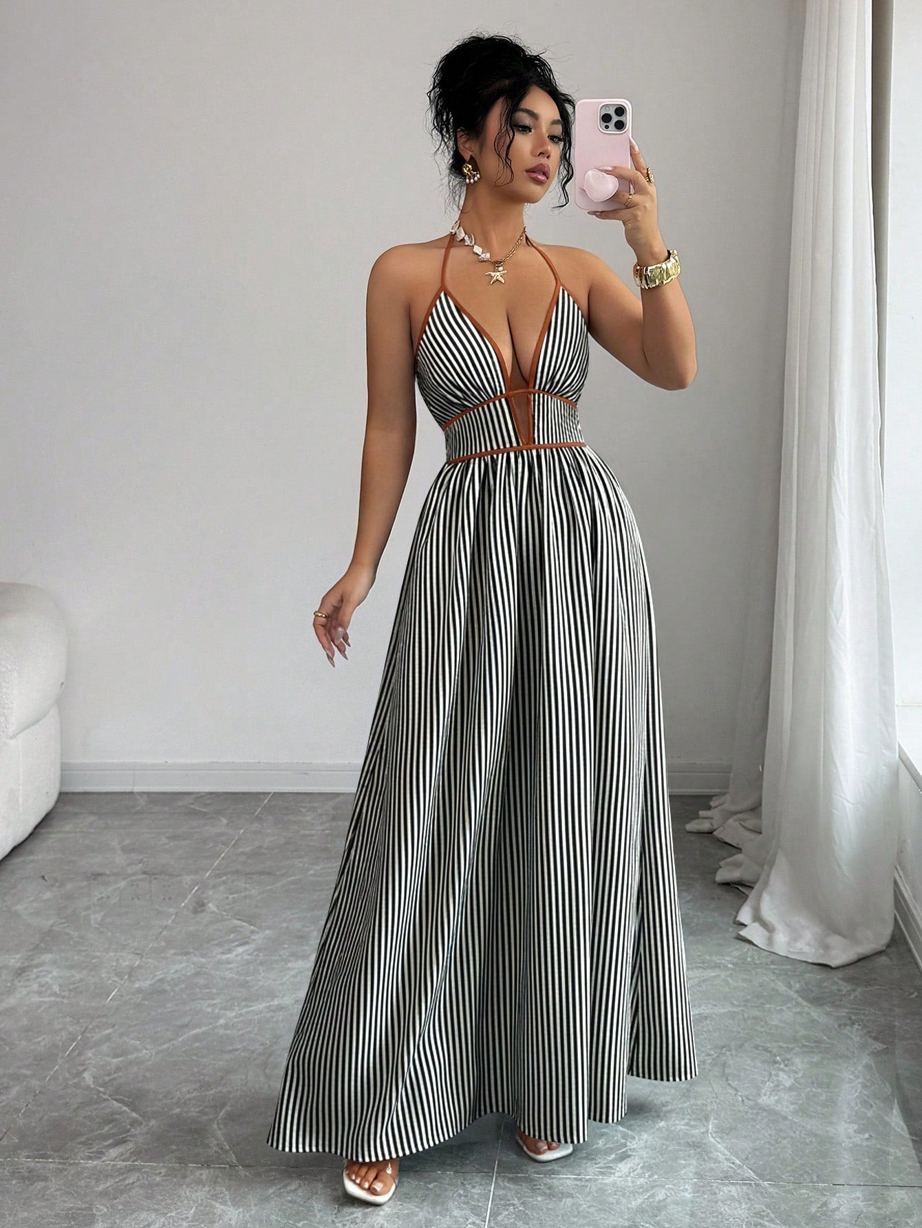 Elenzga Striped Print Contrast Trim Halter Backless Sleeveless Dress