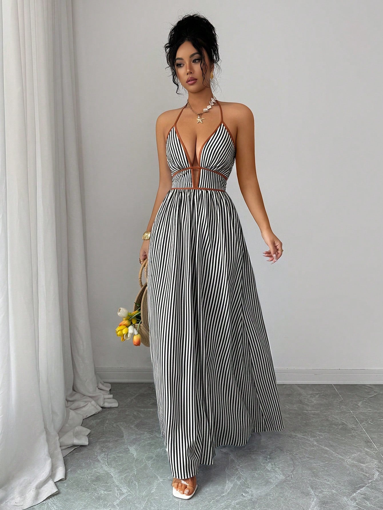 Elenzga Striped Print Contrast Trim Halter Backless Sleeveless Dress