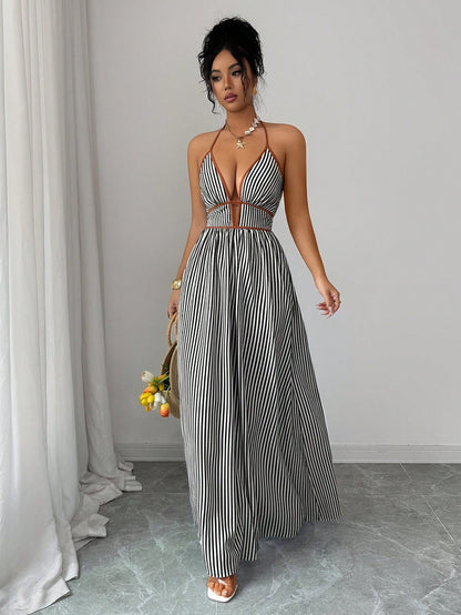 Elenzga Striped Print Contrast Trim Halter Backless Sleeveless Dress