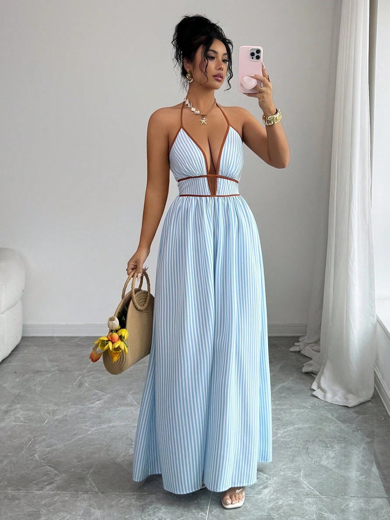 Elenzga Striped Print Contrast Trim Halter Backless Sleeveless Dress