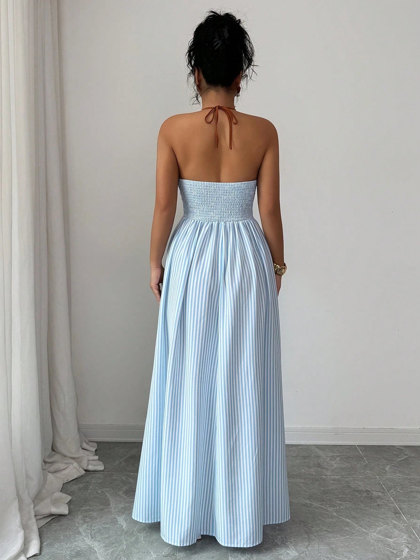 Elenzga Striped Print Contrast Trim Halter Backless Sleeveless Dress