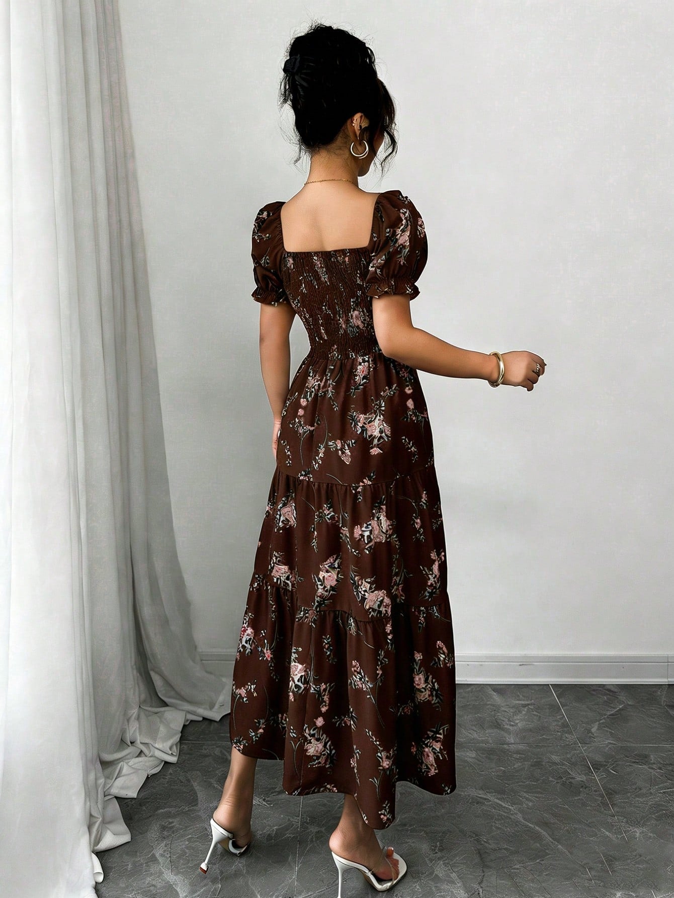 Elenzga Women's Brown Floral Summer Casual Party Square Neck Pleated Short Sleeve Ruffle Hem Maxi Dress,Small Ditsy Floral Bohemian Western Music Festival