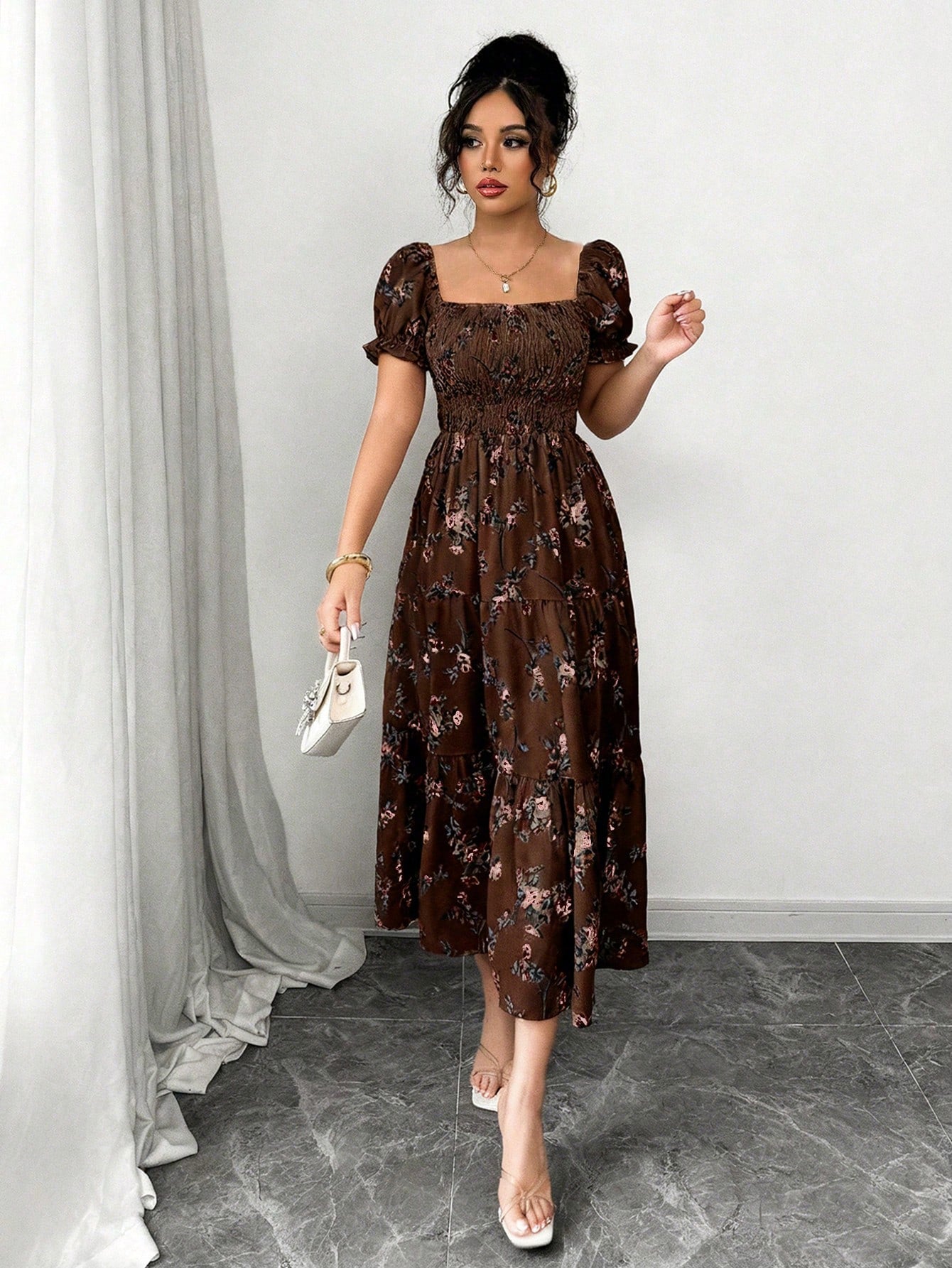 Elenzga Women's Brown Floral Summer Casual Party Square Neck Pleated Short Sleeve Ruffle Hem Maxi Dress,Small Ditsy Floral Bohemian Western Music Festival