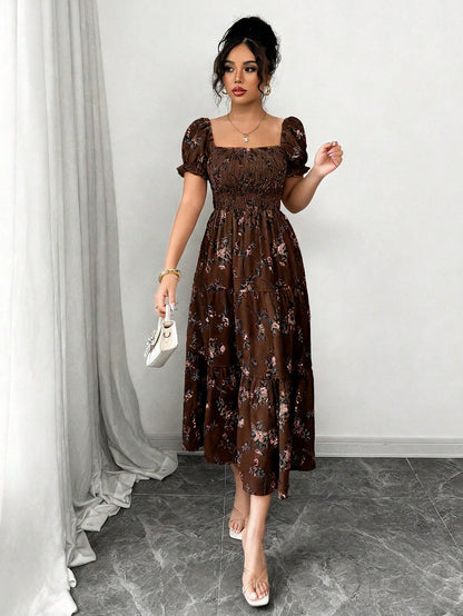 Elenzga Women's Brown Floral Summer Casual Party Square Neck Pleated Short Sleeve Ruffle Hem Maxi Dress,Small Ditsy Floral Bohemian Western Music Festival