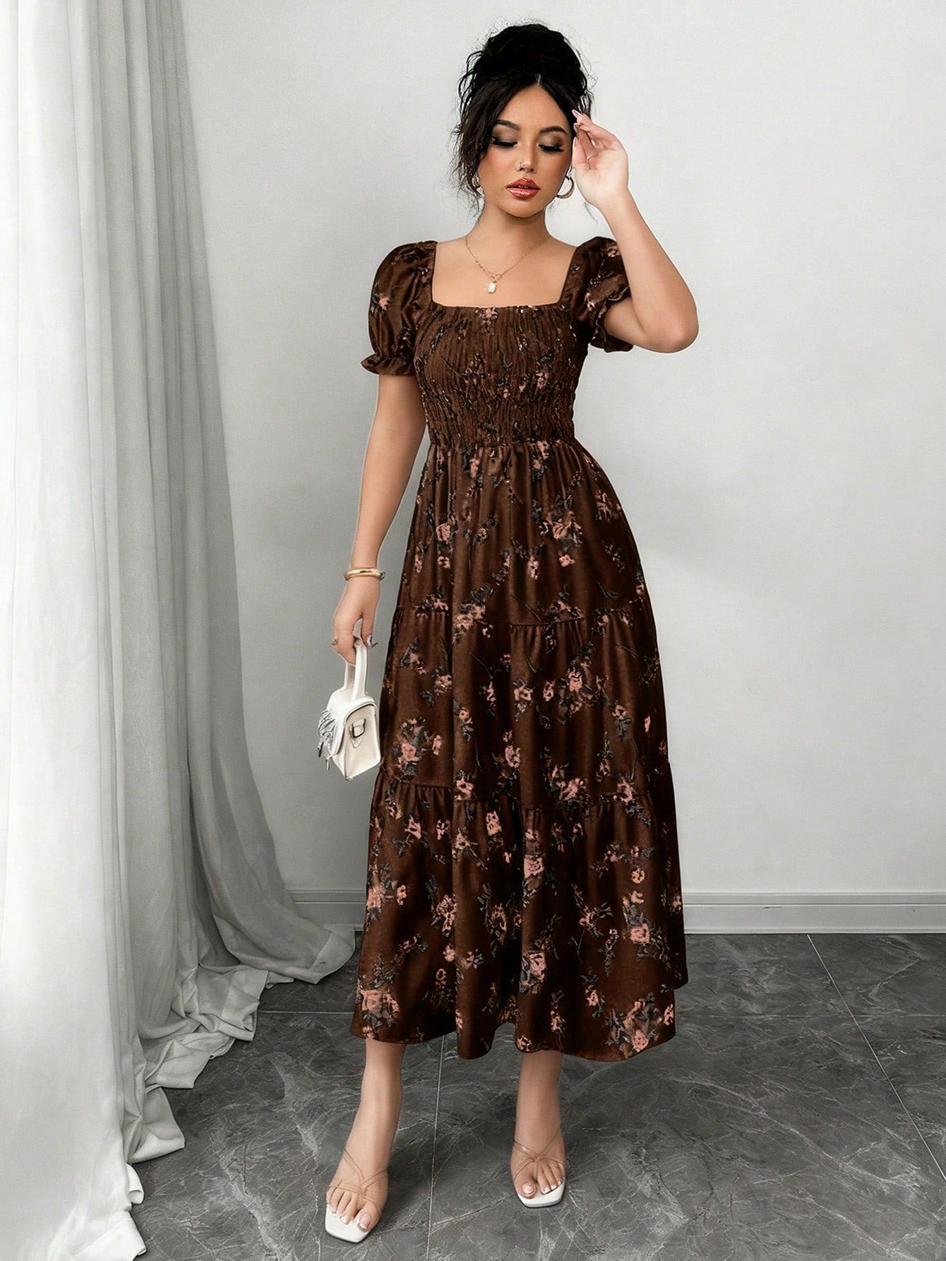 Elenzga Women's Brown Floral Summer Casual Party Square Neck Pleated Short Sleeve Ruffle Hem Maxi Dress,Small Ditsy Floral Bohemian Western Music Festival