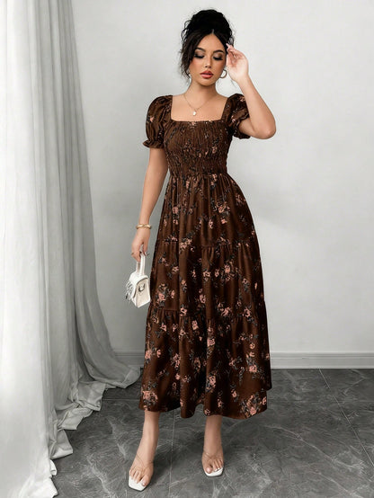 Elenzga Women's Brown Floral Summer Casual Party Square Neck Pleated Short Sleeve Ruffle Hem Maxi Dress,Small Ditsy Floral Bohemian Western Music Festival