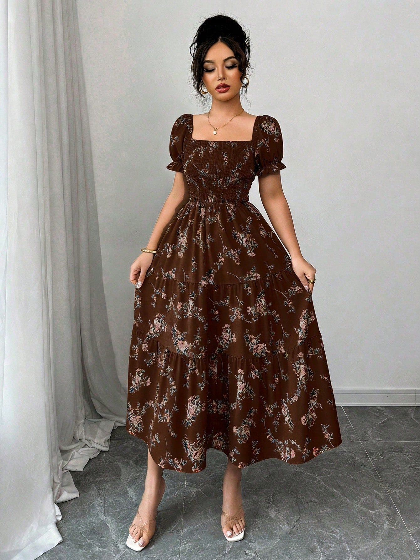 Elenzga Women's Brown Floral Summer Casual Party Square Neck Pleated Short Sleeve Ruffle Hem Maxi Dress,Small Ditsy Floral Bohemian Western Music Festival