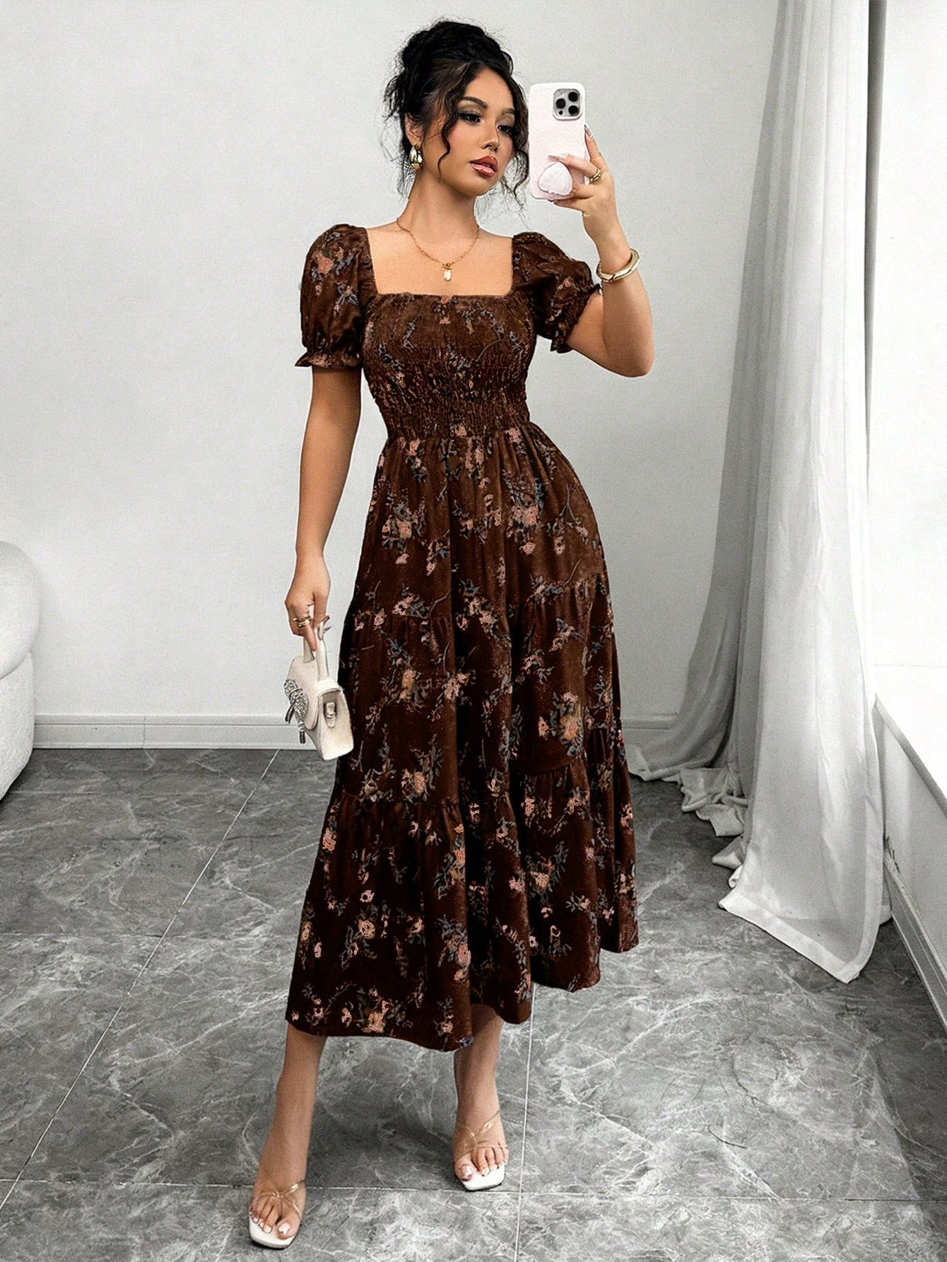 Elenzga Women's Brown Floral Summer Casual Party Square Neck Pleated Short Sleeve Ruffle Hem Maxi Dress,Small Ditsy Floral Bohemian Western Music Festival
