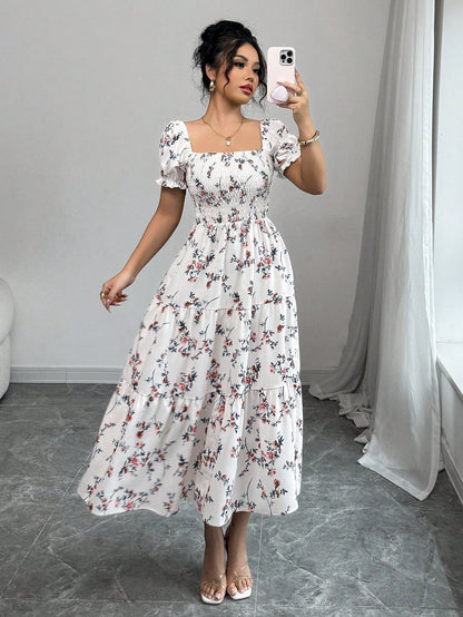 Elenzga Women's Brown Floral Summer Casual Party Square Neck Pleated Short Sleeve Ruffle Hem Maxi Dress,Small Ditsy Floral Bohemian Western Music Festival