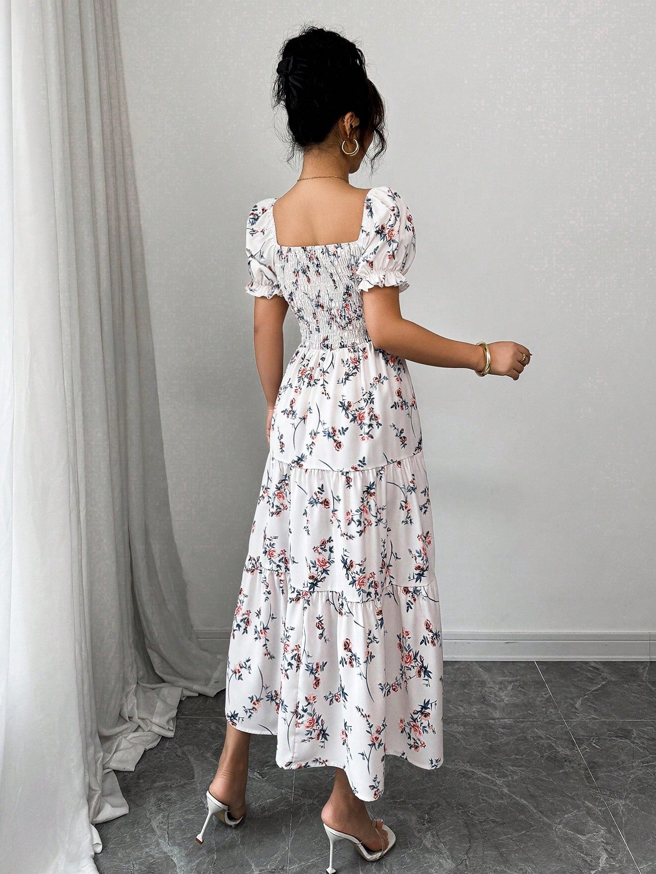Elenzga Women's Brown Floral Summer Casual Party Square Neck Pleated Short Sleeve Ruffle Hem Maxi Dress,Small Ditsy Floral Bohemian Western Music Festival