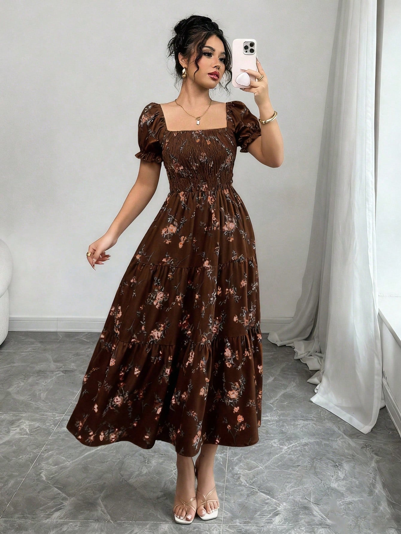 Elenzga Women's Brown Floral Summer Casual Party Square Neck Pleated Short Sleeve Ruffle Hem Maxi Dress,Small Ditsy Floral Bohemian Western Music Festival