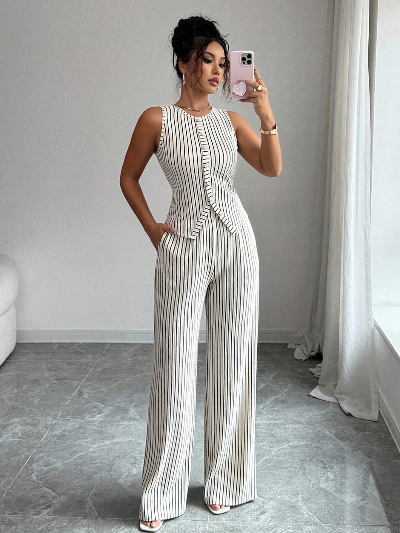 Elenzga Women's Elegant Black And White Striped 2-Piece Set,Sleeveless Crew Neck Button Fitted Tank Top And High Waist Straight Leg Pants,Summer Work