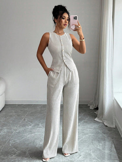 Elenzga Women's Elegant Black And White Striped 2-Piece Set,Sleeveless Crew Neck Button Fitted Tank Top And High Waist Straight Leg Pants,Summer Work