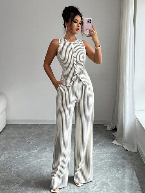 Elenzga Women's Elegant Black And White Striped 2-Piece Set,Sleeveless Crew Neck Button Fitted Tank Top And High Waist Straight Leg Pants,Summer Work