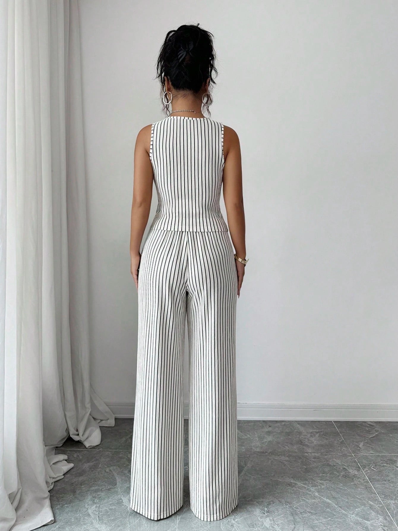 Elenzga Women's Elegant Black And White Striped 2-Piece Set,Sleeveless Crew Neck Button Fitted Tank Top And High Waist Straight Leg Pants,Summer Work