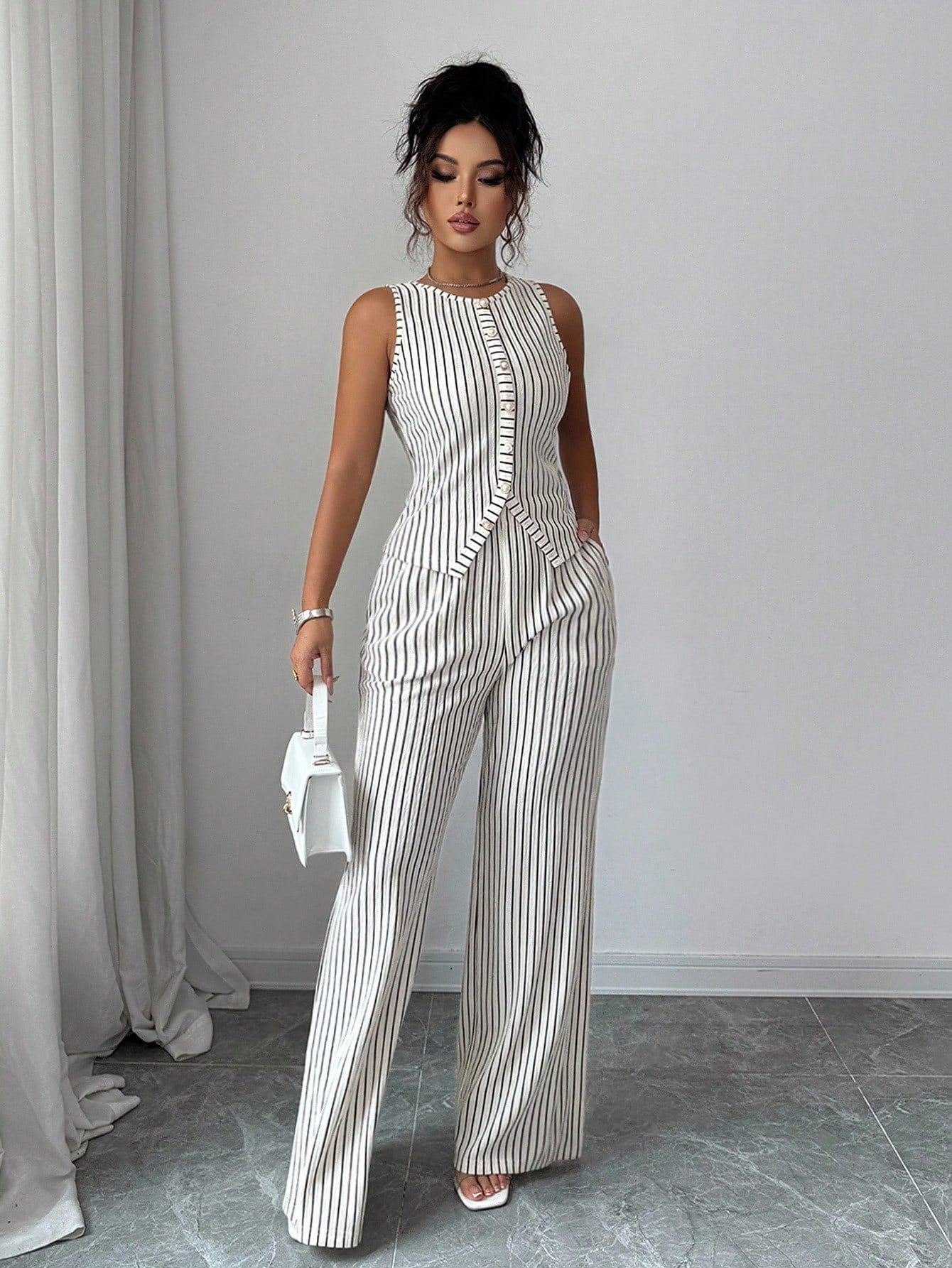 Elenzga Women's Elegant Black And White Striped 2-Piece Set,Sleeveless Crew Neck Button Fitted Tank Top And High Waist Straight Leg Pants,Summer Work