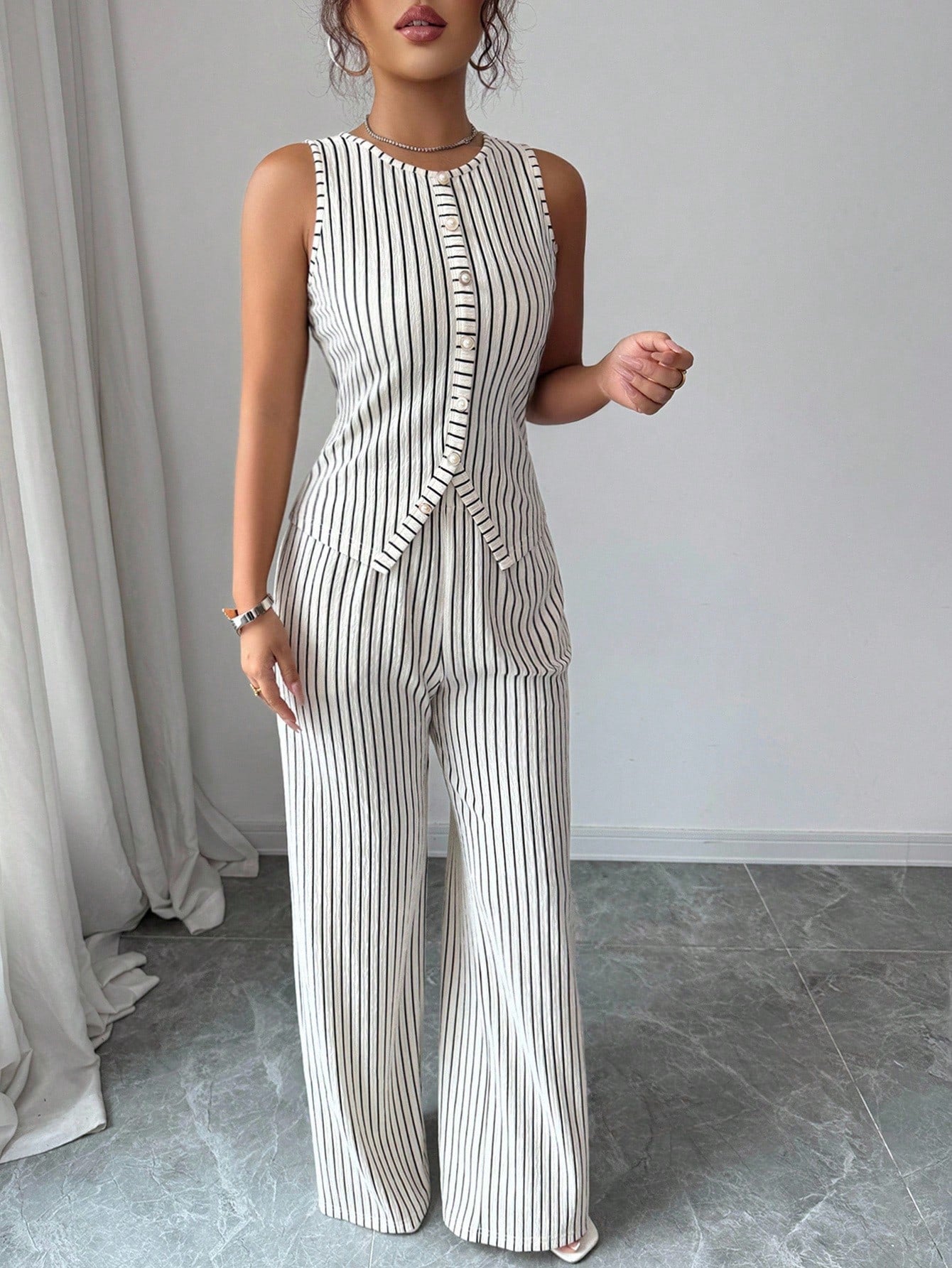 Elenzga Women's Elegant Black And White Striped 2-Piece Set,Sleeveless Crew Neck Button Fitted Tank Top And High Waist Straight Leg Pants,Summer Work