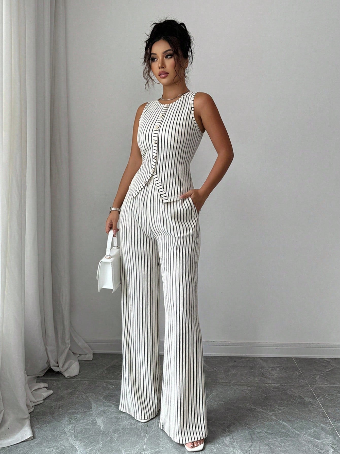 Elenzga Women's Elegant Black And White Striped 2-Piece Set,Sleeveless Crew Neck Button Fitted Tank Top And High Waist Straight Leg Pants,Summer Work