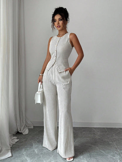 Elenzga Women's Elegant Black And White Striped 2-Piece Set,Sleeveless Crew Neck Button Fitted Tank Top And High Waist Straight Leg Pants,Summer Work