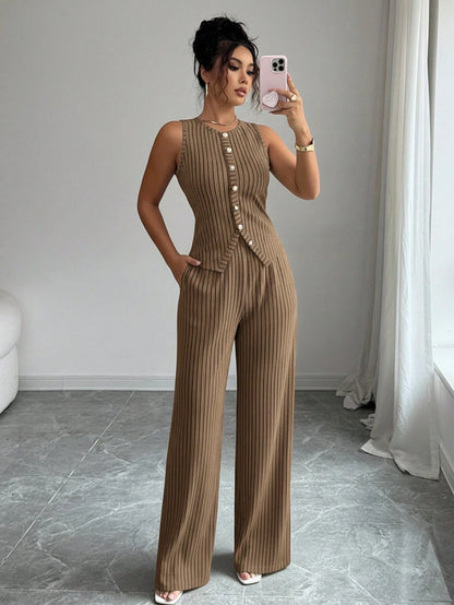 Elenzga Women's Elegant Black And White Striped 2-Piece Set,Sleeveless Crew Neck Button Fitted Tank Top And High Waist Straight Leg Pants,Summer Work