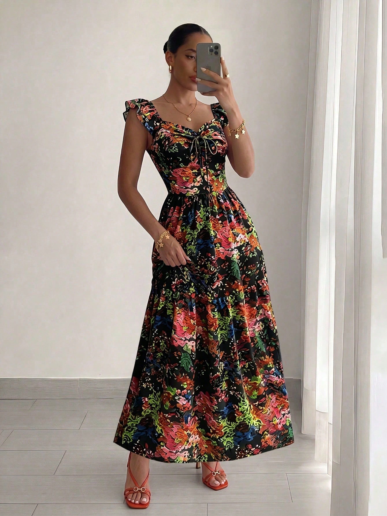 Elenzga Women's Elegant Casual Colorful Floral Sweetheart Collar Bow Tie Lantern Sleeve Fitted Flared Dress, Spring/Summer