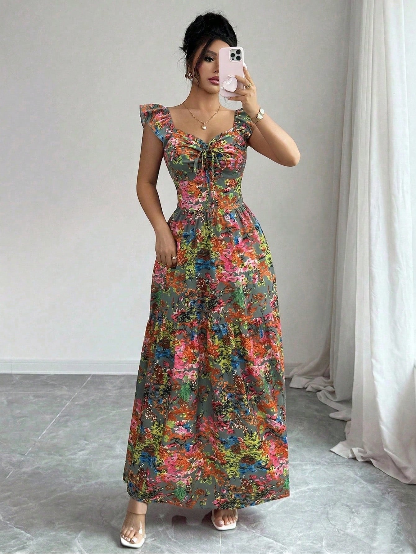 Elenzga Women's Elegant Casual Colorful Floral Sweetheart Collar Bow Tie Lantern Sleeve Fitted Flared Dress, Spring/Summer