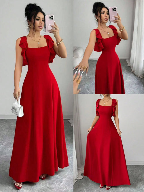 Elenzga Women's Elegant Red Summer Dress,Minimalist High-End Waist-Cinching A-Line Dress For Party,Banquet,Daily,Ruffle Hem Design,Smocked Elastic Waist
