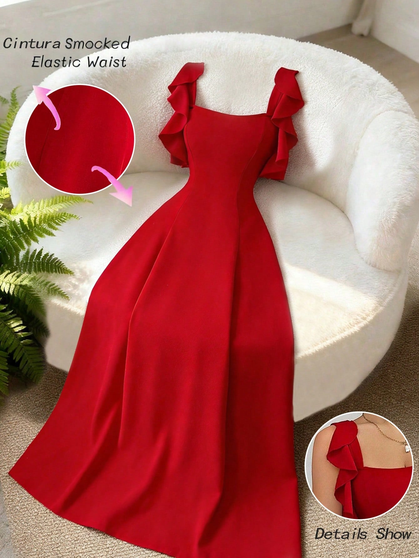 Elenzga Women's Elegant Red Summer Dress,Minimalist High-End Waist-Cinching A-Line Dress For Party,Banquet,Daily,Ruffle Hem Design,Smocked Elastic Waist