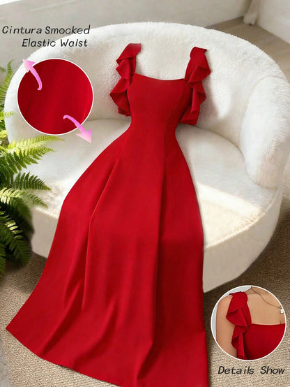 Elenzga Women's Elegant Red Summer Dress,Minimalist High-End Waist-Cinching A-Line Dress For Party,Banquet,Daily,Ruffle Hem Design,Smocked Elastic Waist