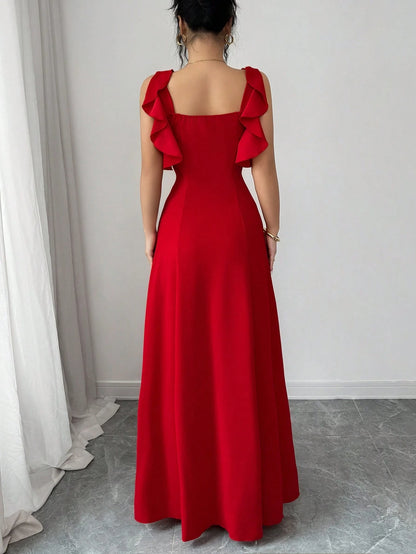 Elenzga Women's Elegant Red Summer Dress,Minimalist High-End Waist-Cinching A-Line Dress For Party,Banquet,Daily,Ruffle Hem Design,Smocked Elastic Waist