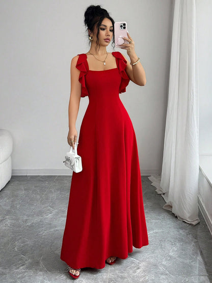 Elenzga Women's Elegant Red Summer Dress,Minimalist High-End Waist-Cinching A-Line Dress For Party,Banquet,Daily,Ruffle Hem Design,Smocked Elastic Waist