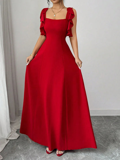 Elenzga Women's Elegant Red Summer Dress,Minimalist High-End Waist-Cinching A-Line Dress For Party,Banquet,Daily,Ruffle Hem Design,Smocked Elastic Waist