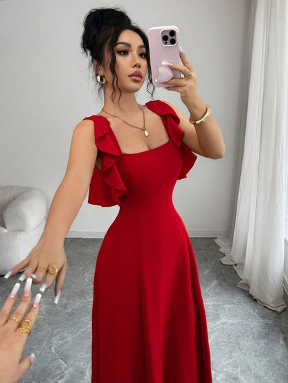 Elenzga Women's Elegant Red Summer Dress,Minimalist High-End Waist-Cinching A-Line Dress For Party,Banquet,Daily,Ruffle Hem Design,Smocked Elastic Waist