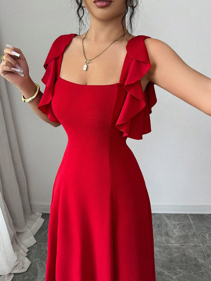 Elenzga Women's Elegant Red Summer Dress,Minimalist High-End Waist-Cinching A-Line Dress For Party,Banquet,Daily,Ruffle Hem Design,Smocked Elastic Waist