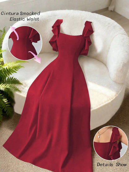 Elenzga Women's Elegant Red Summer Dress,Minimalist High-End Waist-Cinching A-Line Dress For Party,Banquet,Daily,Ruffle Hem Design,Smocked Elastic Waist