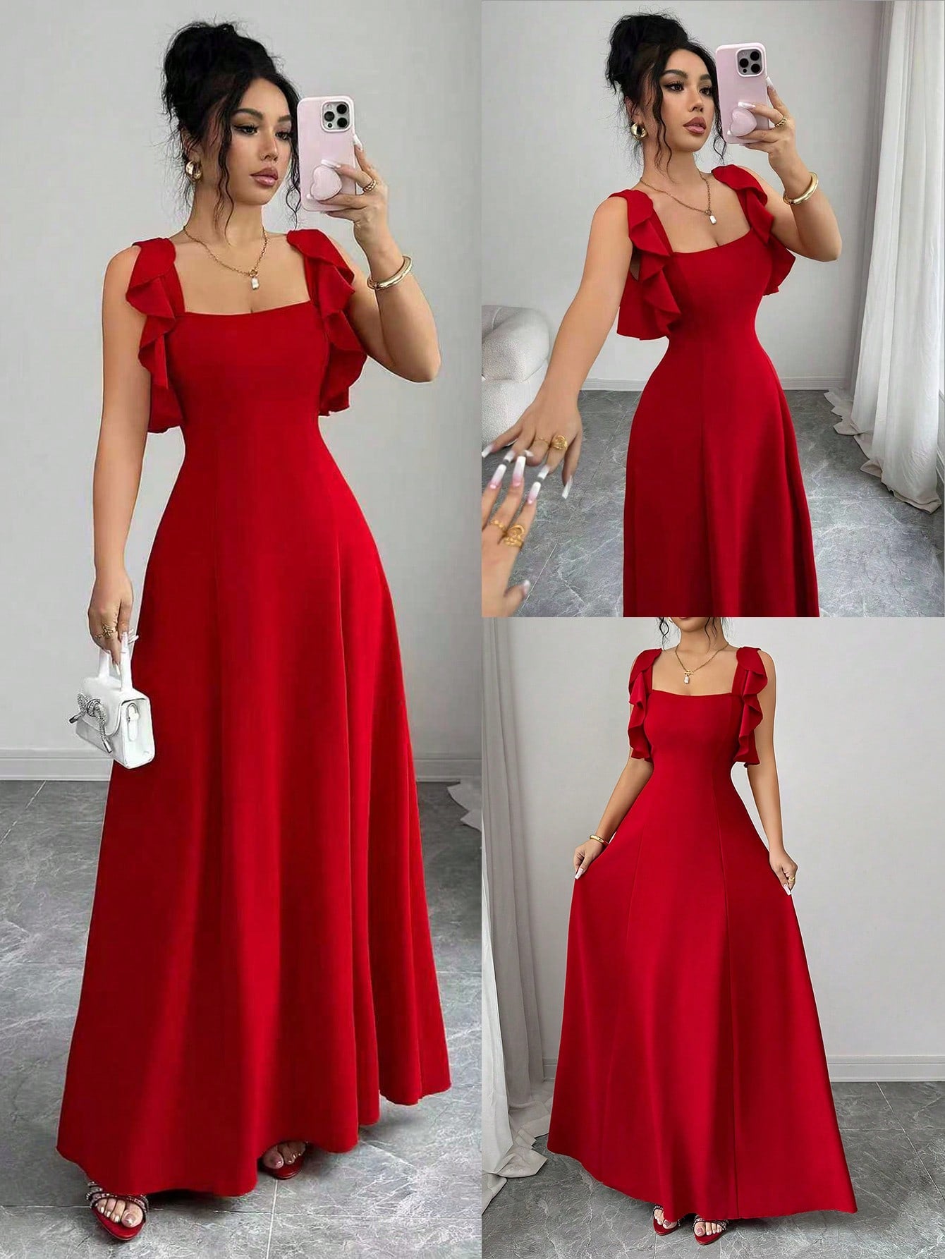 Elenzga Women's Elegant Red Summer Dress,Minimalist High-End Waist-Cinching A-Line Dress For Party,Banquet,Daily,Ruffle Hem Design,Smocked Elastic Waist