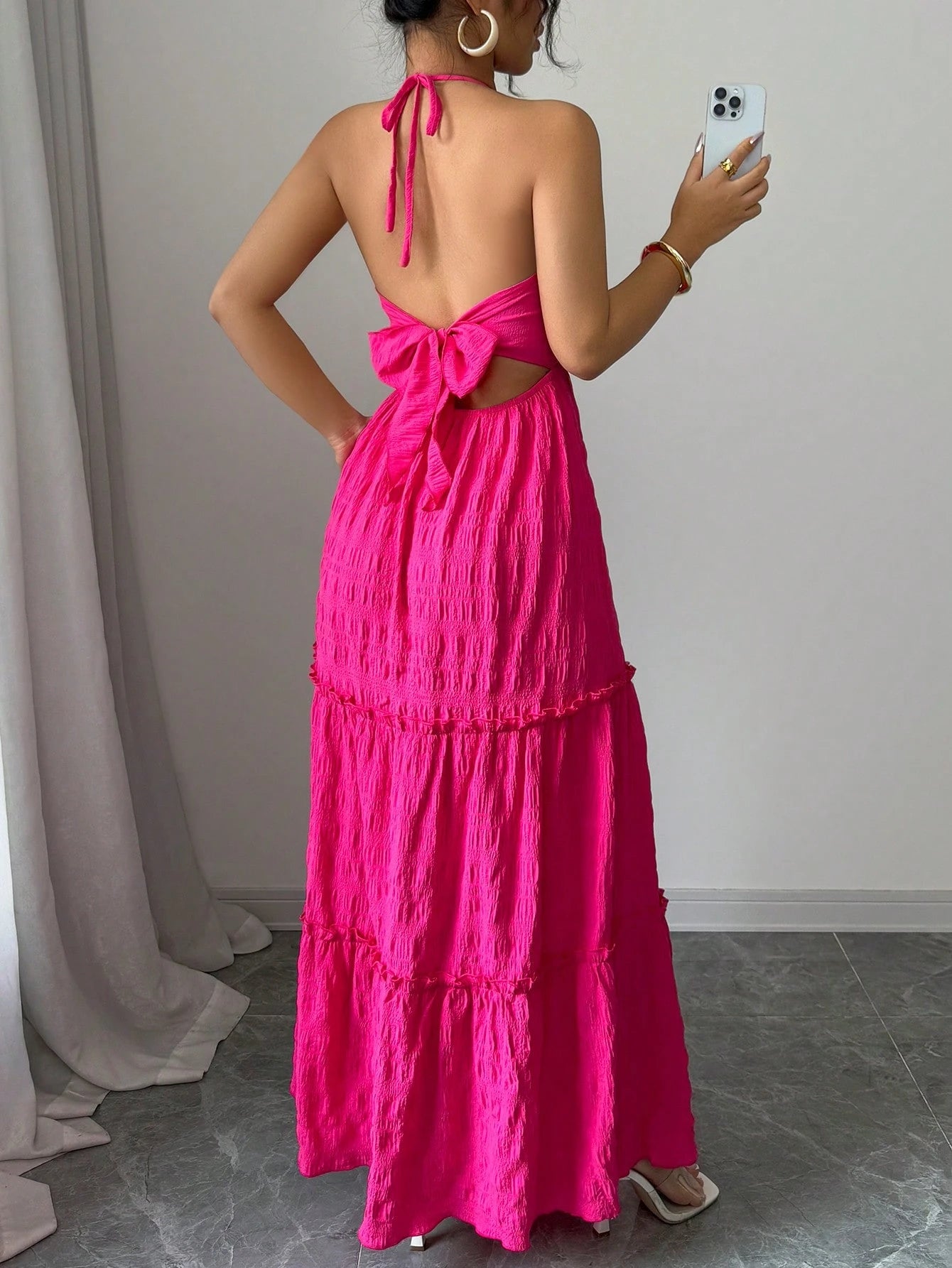 Elenzga Women's Elegant Solid Color 3D Floral Backless Halter Dress