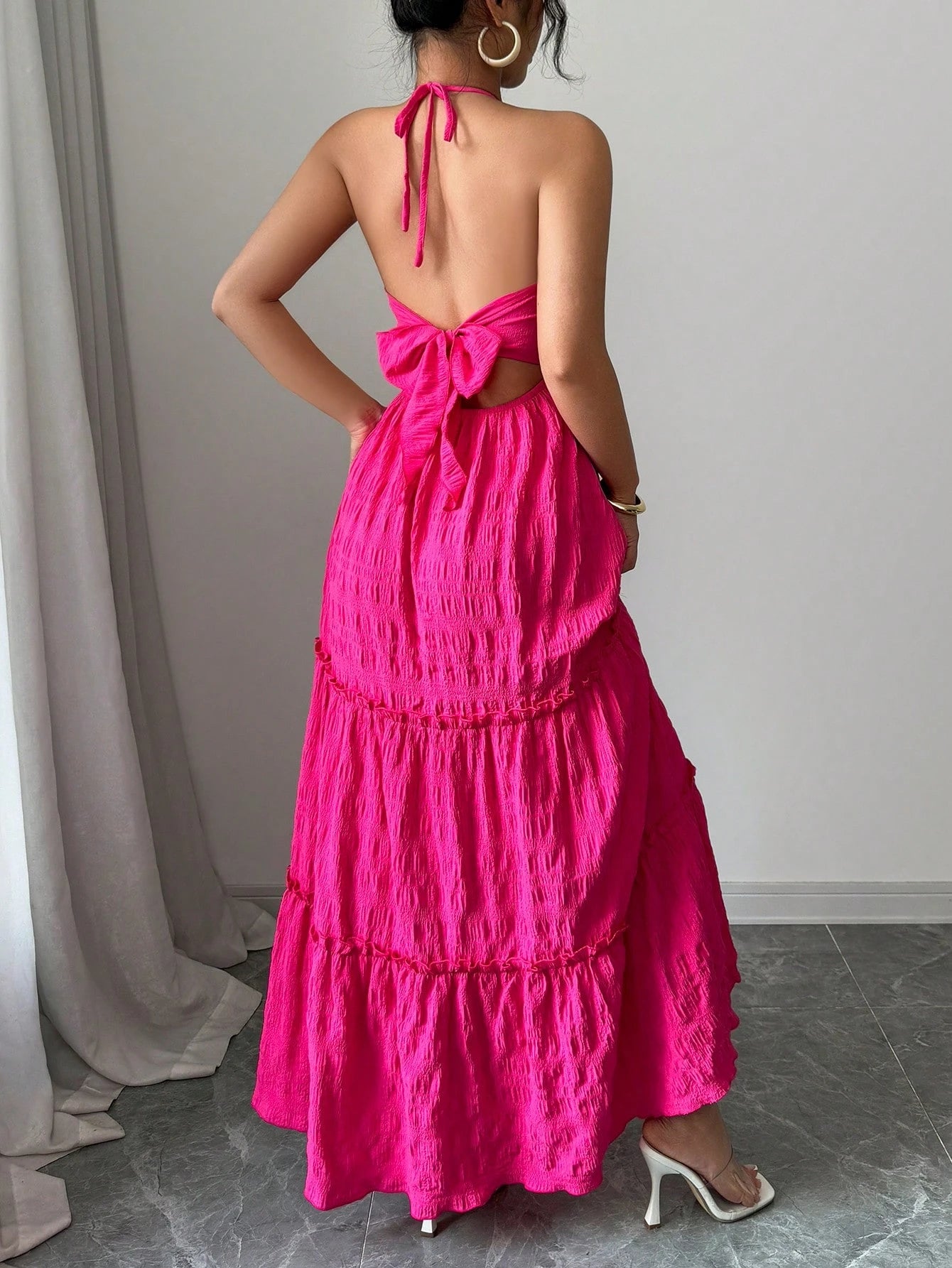 Elenzga Women's Elegant Solid Color 3D Floral Backless Halter Dress