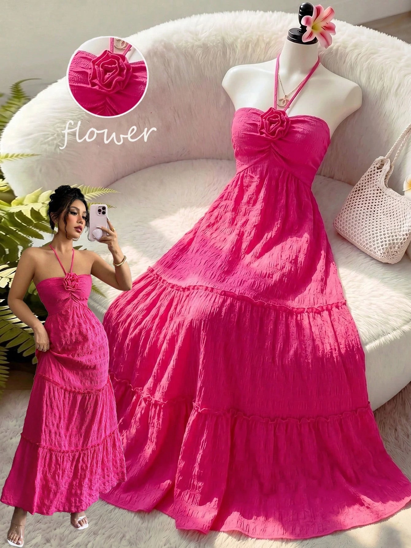 Elenzga Women's Elegant Solid Color 3D Floral Backless Halter Dress