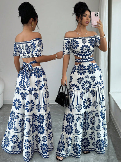 Elenzga Women's Floral Print Off-Shoulder Short Sleeve Hollow Waist Fashion Dress