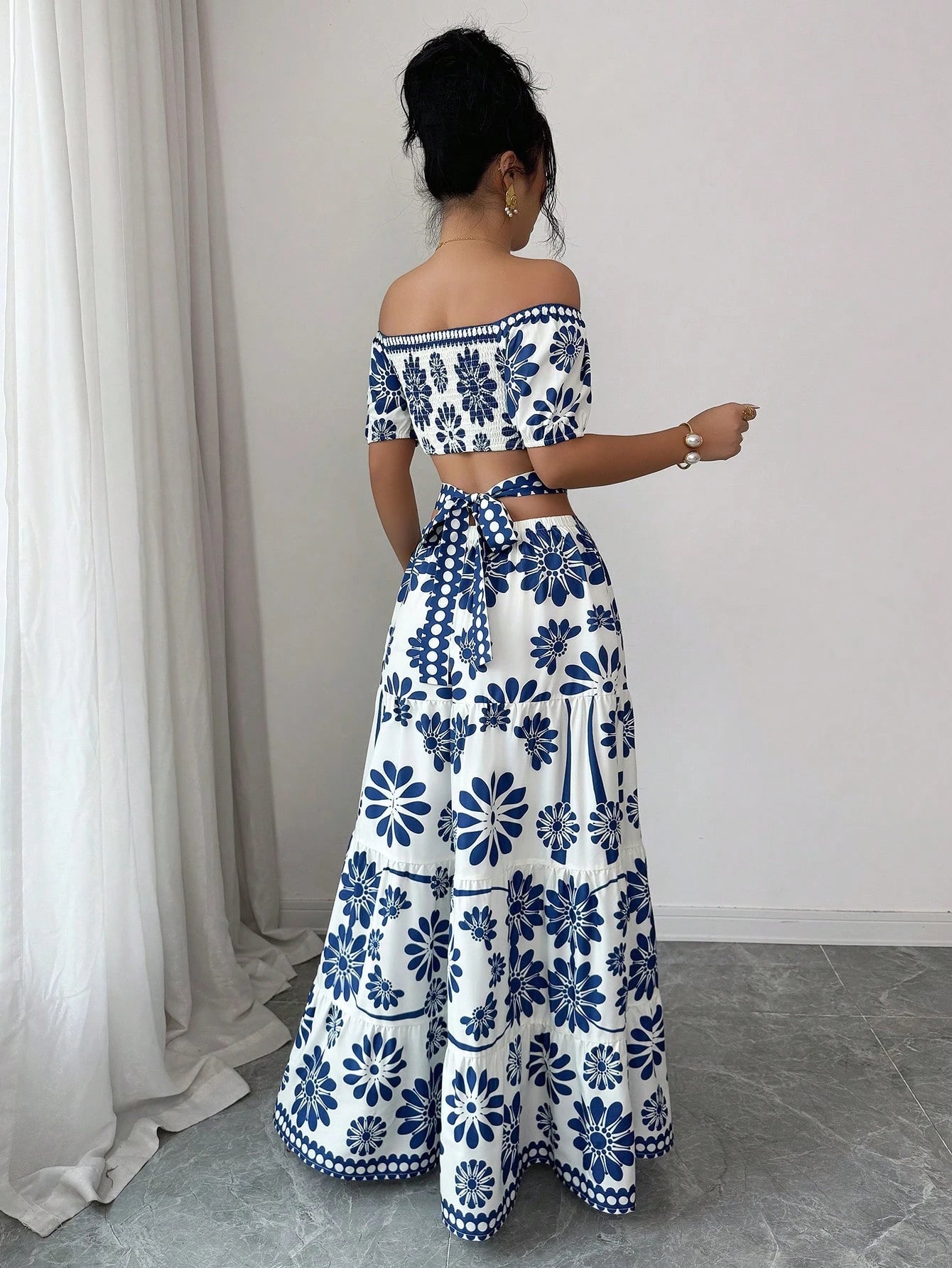 Elenzga Women's Floral Print Off-Shoulder Short Sleeve Hollow Waist Fashion Dress