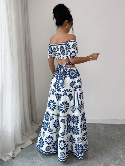Elenzga Women's Floral Print Off-Shoulder Short Sleeve Hollow Waist Fashion Dress